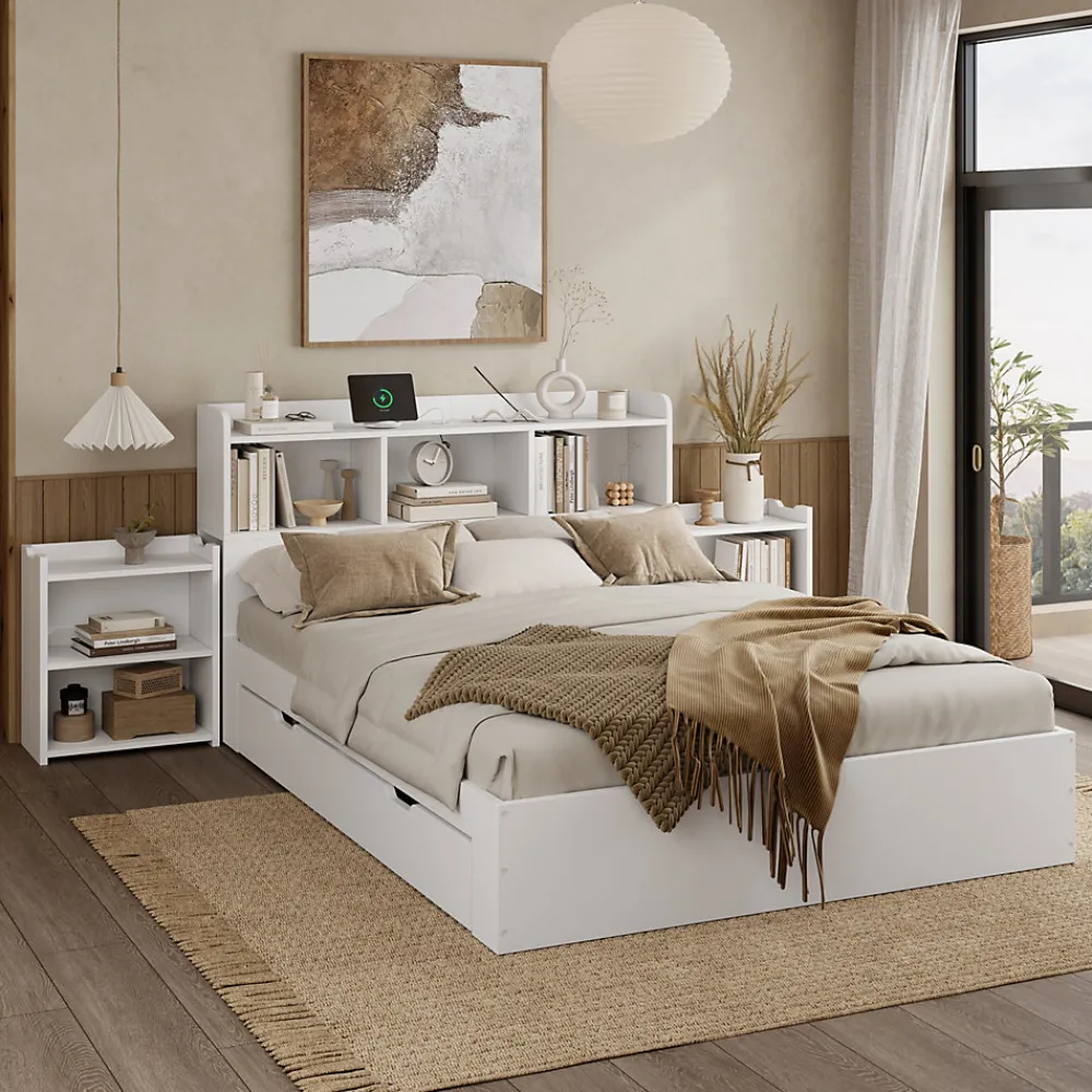 Lit double 140x200 cm en bois avec sommier tête de lit tiroirs tables de chevet chargeur sans fil et port Type C blanc>Redom Discount