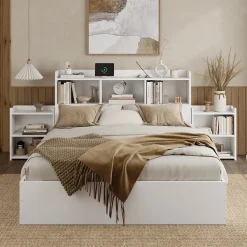 Lit double 140x200 cm en bois avec sommier tête de lit tiroirs tables de chevet chargeur sans fil et port Type C blanc><noscript><img width=
