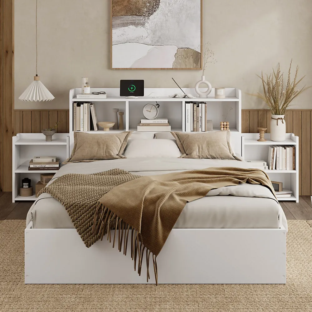 Lit double 140x200 cm en bois avec sommier tête de lit tiroirs tables de chevet chargeur sans fil et port Type C blanc>Redom Discount