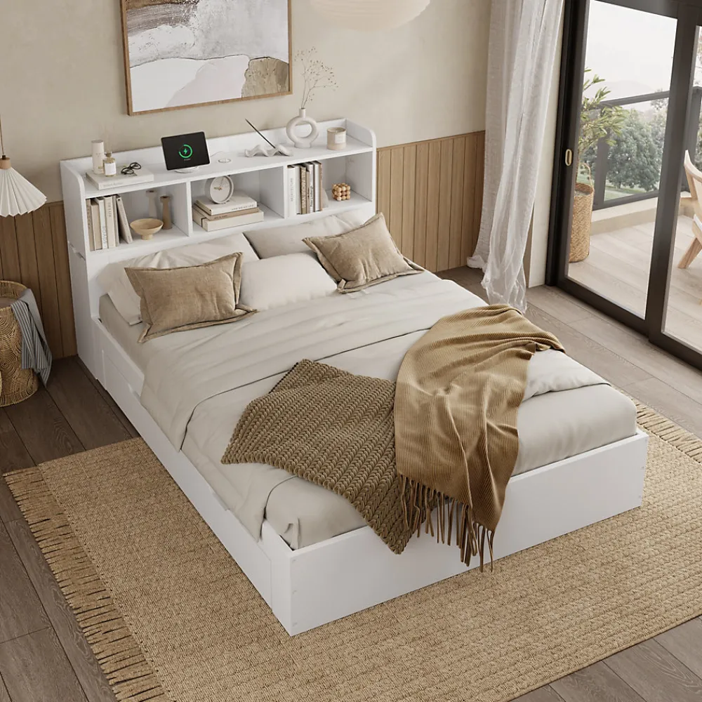 Lit double 140x200 cm en bois avec sommier tête de lit tiroirs tables de chevet chargeur sans fil et port Type C blanc>Redom Discount