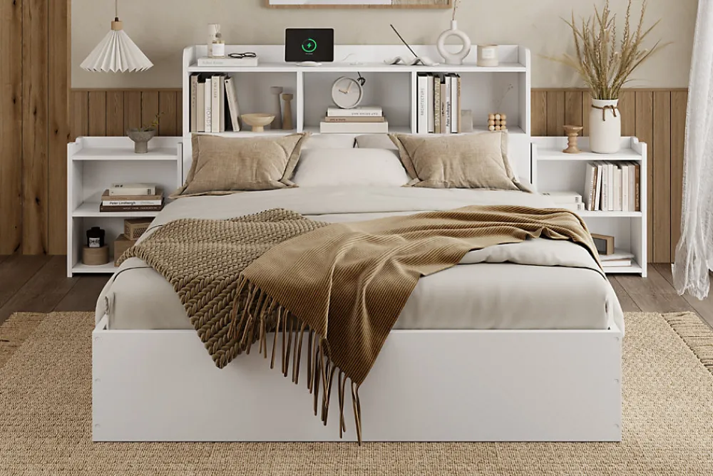 Lit double 140x200 cm en bois avec sommier tête de lit tiroirs tables de chevet chargeur sans fil et port Type C blanc>Redom Discount