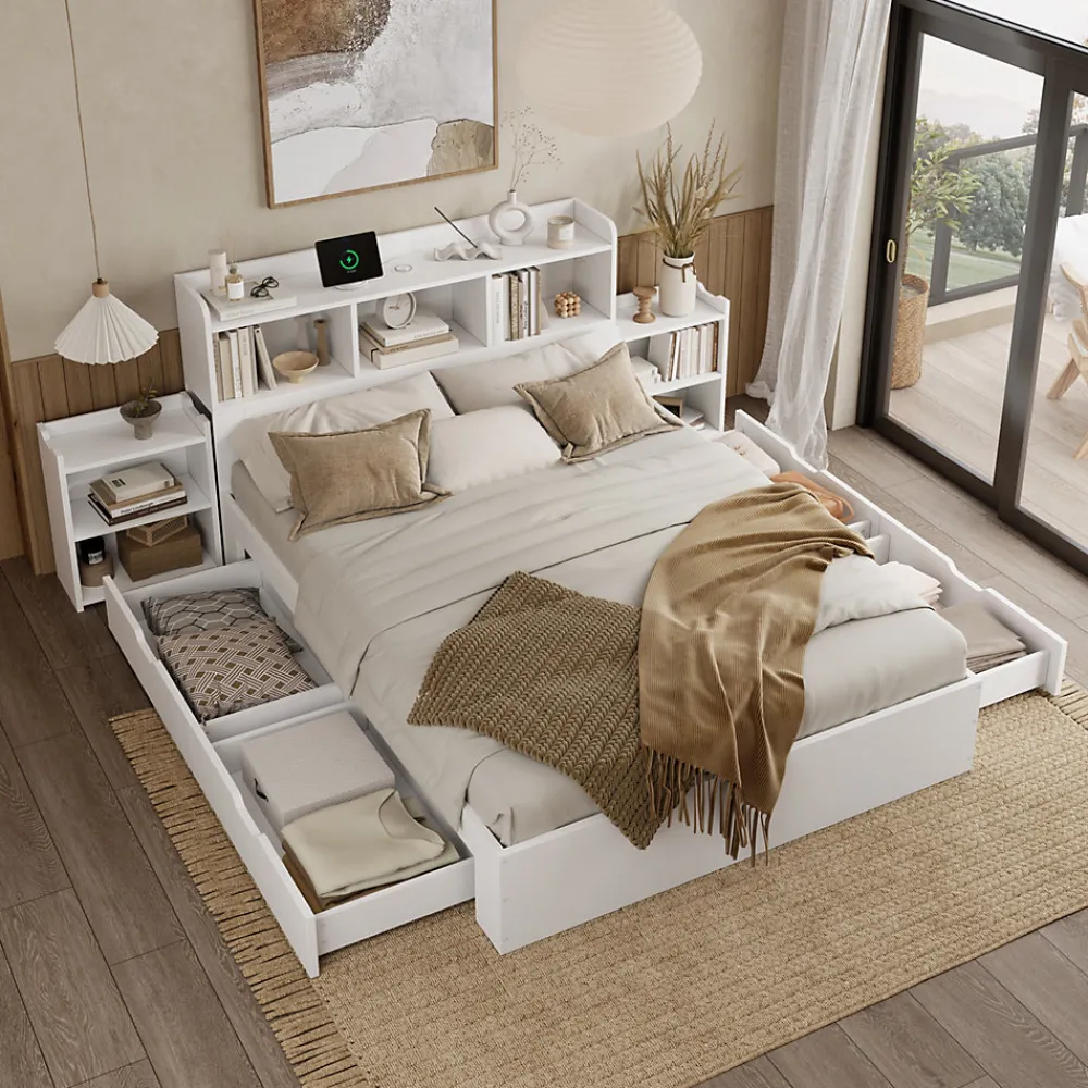 Lit double 140x200 cm en bois avec sommier tête de lit tiroirs tables de chevet chargeur sans fil et port Type C blanc>Redom Discount
