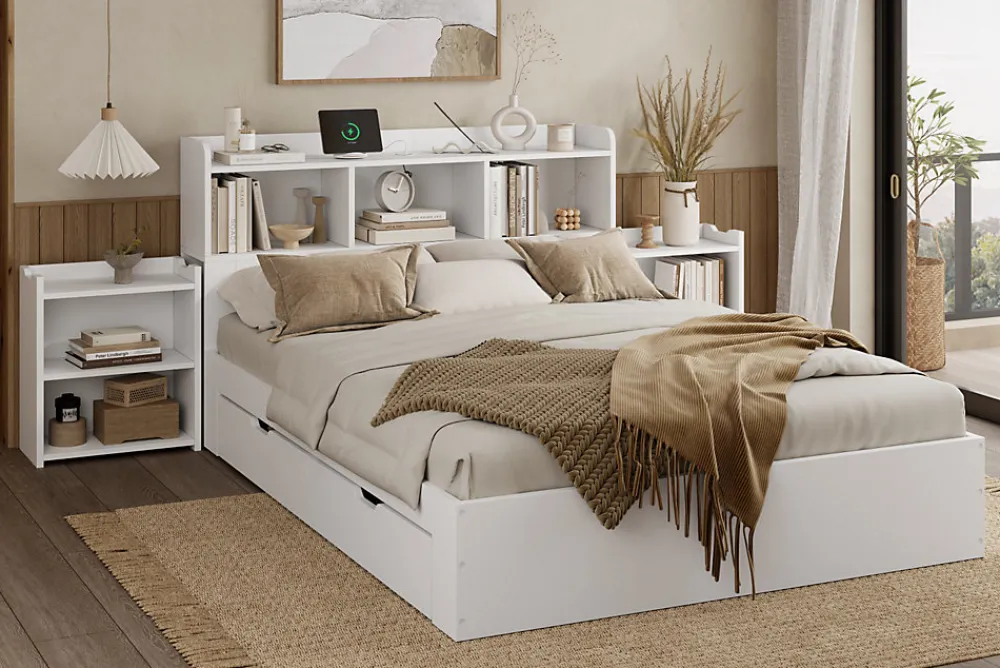 Lit double 140x200 cm en bois avec sommier tête de lit tiroirs tables de chevet chargeur sans fil et port Type C blanc>Redom Discount