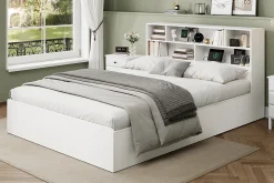Redom Lit double 140x200 cm en bois massif avec port USB tiroirs et espace de rangement sous le lit blanc sans matelas* Lit Avec Rangement
