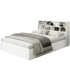 Redom Lit double 140x200 cm en bois massif avec port USB tiroirs et espace de rangement sous le lit blanc sans matelas* Lit Avec Rangement