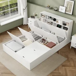 Redom Lit double 140x200 cm en bois massif avec port USB tiroirs et espace de rangement sous le lit blanc sans matelas* Lit Avec Rangement