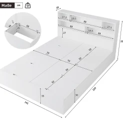 Redom Lit double 140x200 cm en bois massif avec port USB tiroirs et espace de rangement sous le lit blanc sans matelas* Lit Avec Rangement