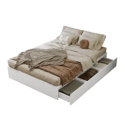 Lit double 140x200 cm en bois massif avec tiroirs et espace de rangement sous le lit blanc sans matelas>Redom Hot
