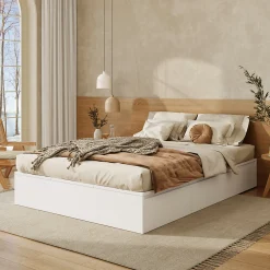 Lit double 140x200 cm en bois massif avec tiroirs et espace de rangement sous le lit blanc sans matelas>Redom Hot