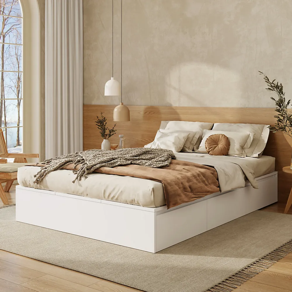 Lit double 140x200 cm en bois massif avec tiroirs et espace de rangement sous le lit blanc sans matelas>Redom Hot