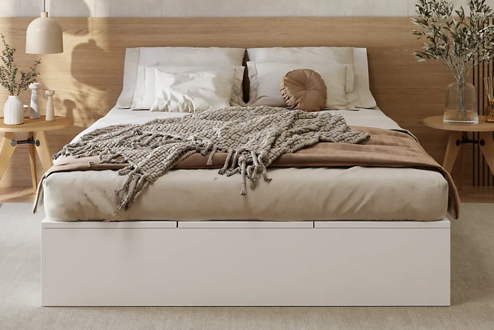 Lit double 140x200 cm en bois massif avec tiroirs et espace de rangement sous le lit blanc sans matelas>Redom Hot
