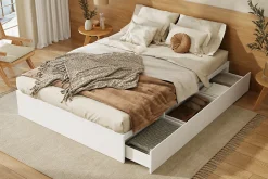 Lit double 140x200 cm en bois massif avec tiroirs et espace de rangement sous le lit blanc sans matelas><noscript><img width=