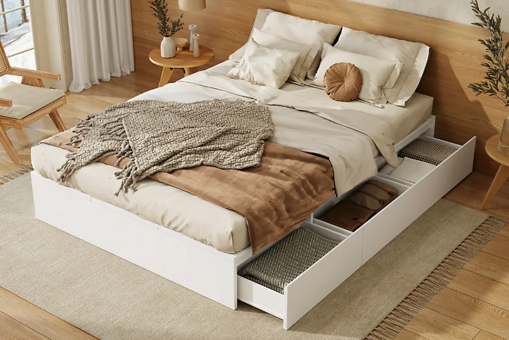Lit double 140x200 cm en bois massif avec tiroirs et espace de rangement sous le lit blanc sans matelas>Redom Hot