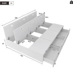 Lit double 140x200 cm en bois massif avec tiroirs et espace de rangement sous le lit blanc sans matelas><noscript><img width=