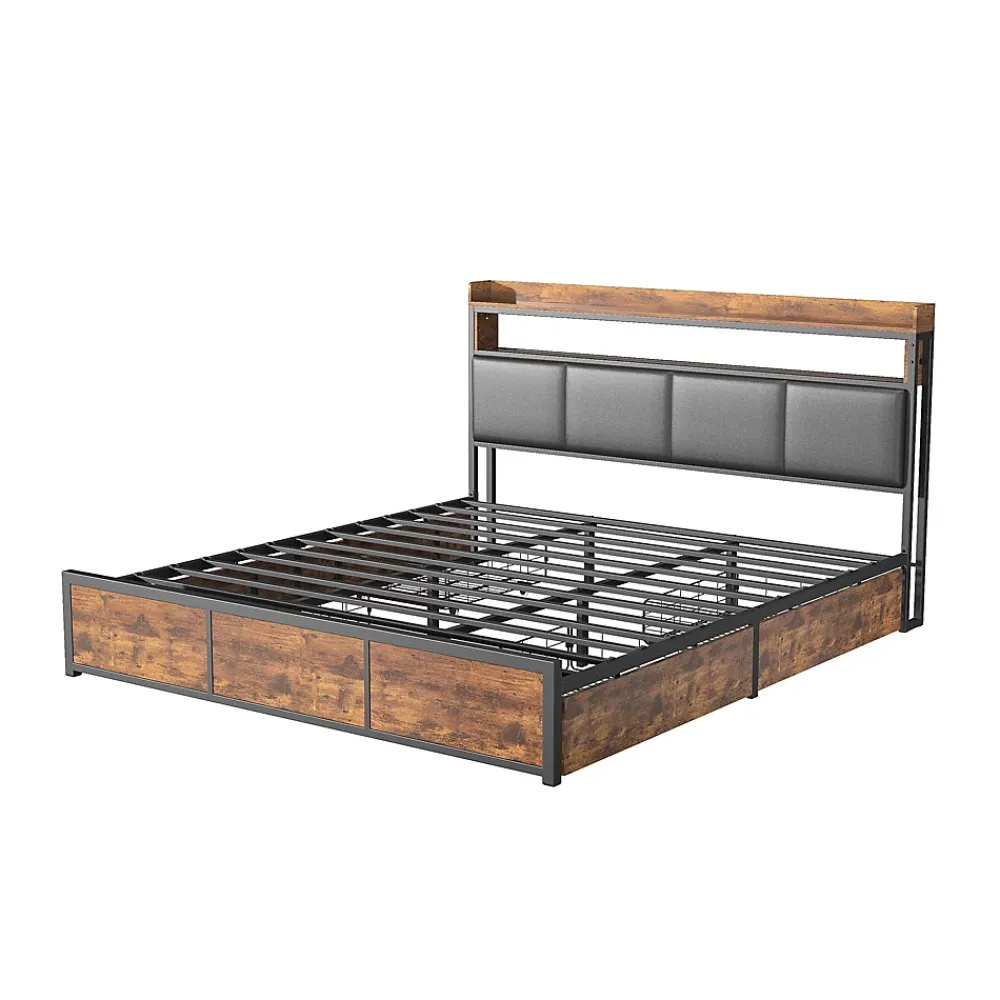 ProximaX Lit double 180x200 cm en fer avec revêtement PU noir mat effet tigre, tête de lit avec rangement et barre LED* Lit Coffre
