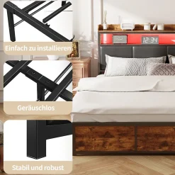 ProximaX Lit double 180x200 cm en fer avec revêtement PU noir mat effet tigre, tête de lit avec rangement et barre LED* Lit Coffre