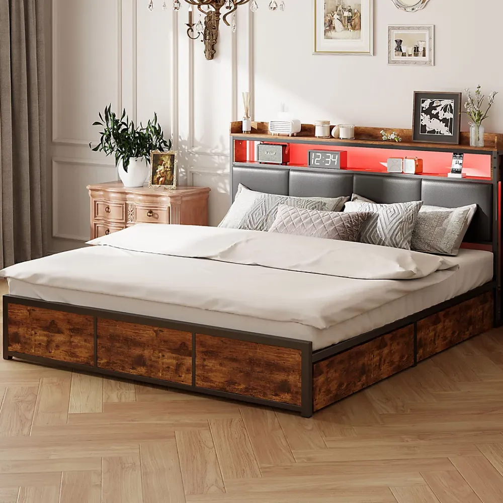 ProximaX Lit double 180x200 cm en fer avec revêtement PU noir mat effet tigre, tête de lit avec rangement et barre LED* Lit Coffre