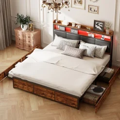 ProximaX Lit double 180x200 cm en fer avec revêtement PU noir mat effet tigre, tête de lit avec rangement et barre LED* Lit Coffre