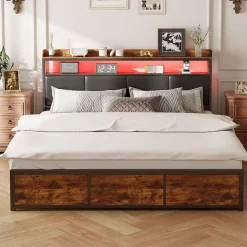 ProximaX Lit double 180x200 cm en fer avec revêtement PU noir mat effet tigre, tête de lit avec rangement et barre LED* Lit Coffre