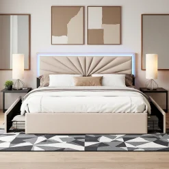 Lit double 160x200 cm en lin avec LED, sommier à lattes robuste, 4 tiroirs intégrés, design moderne pour 2 personnes>ProximaX Online