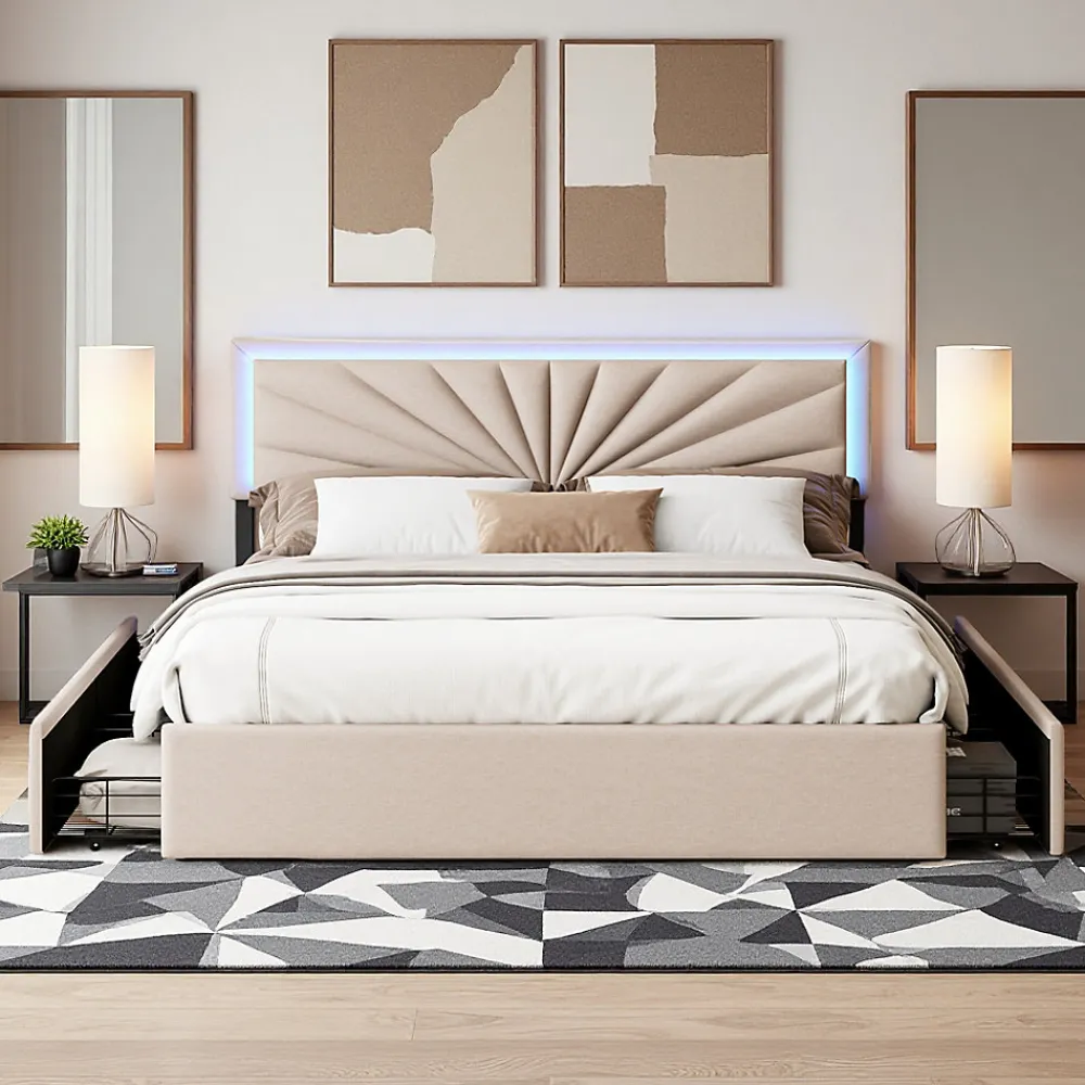Lit double 160x200 cm en lin avec LED, sommier à lattes robuste, 4 tiroirs intégrés, design moderne pour 2 personnes>ProximaX Online