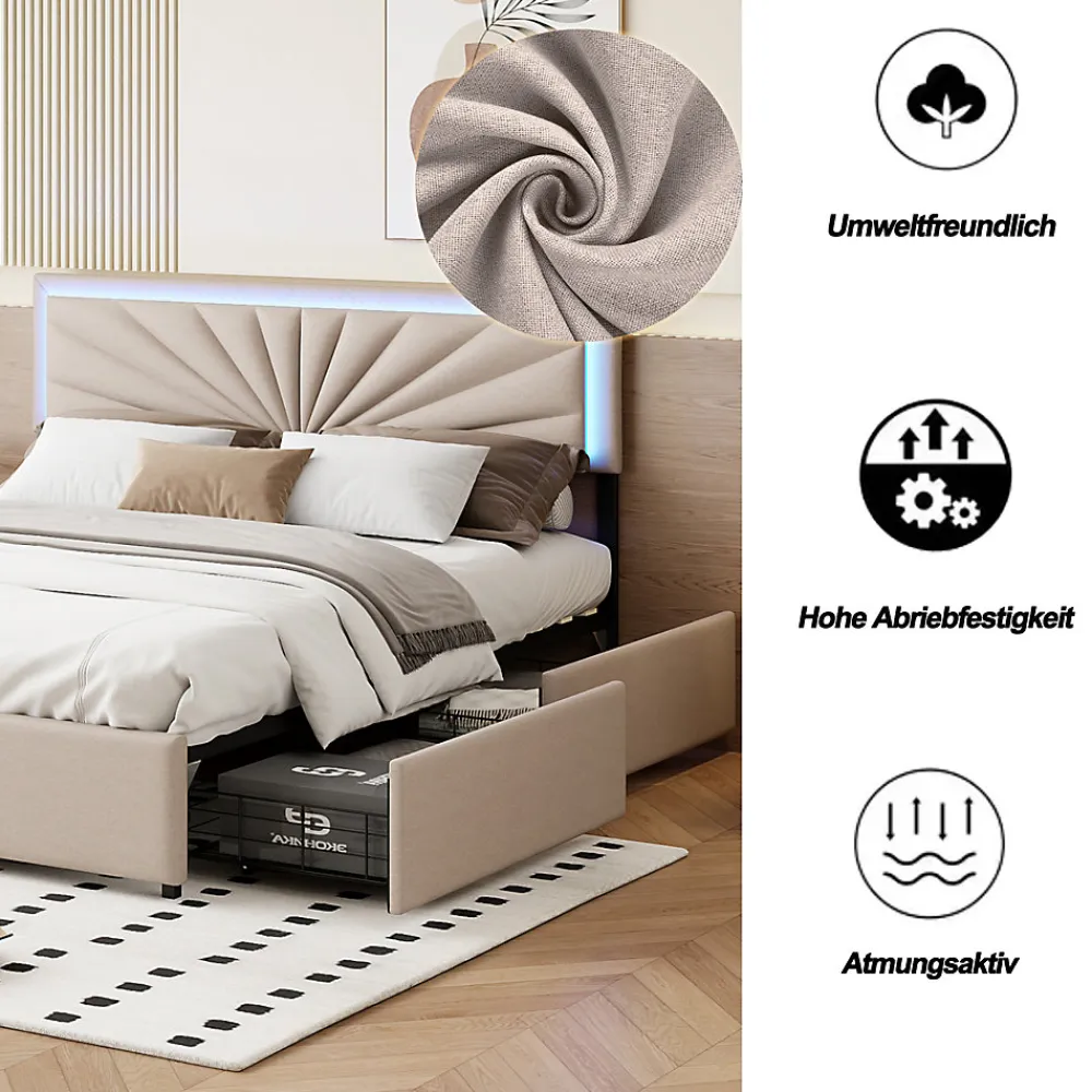 Lit double 160x200 cm en lin avec LED, sommier à lattes robuste, 4 tiroirs intégrés, design moderne pour 2 personnes>ProximaX Online