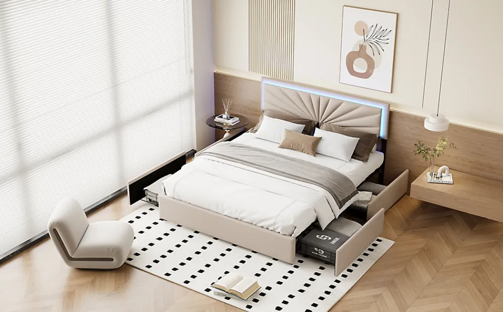 Lit double 160x200 cm en lin avec LED, sommier à lattes robuste, 4 tiroirs intégrés, design moderne pour 2 personnes>ProximaX Online