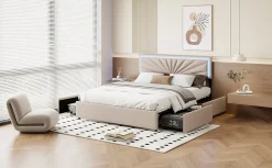 Lit double 160x200 cm en lin avec LED, sommier à lattes robuste, 4 tiroirs intégrés, design moderne pour 2 personnes><noscript><img width=