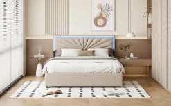 Lit double 160x200 cm en lin avec LED, sommier à lattes robuste, 4 tiroirs intégrés, design moderne pour 2 personnes><noscript><img width=