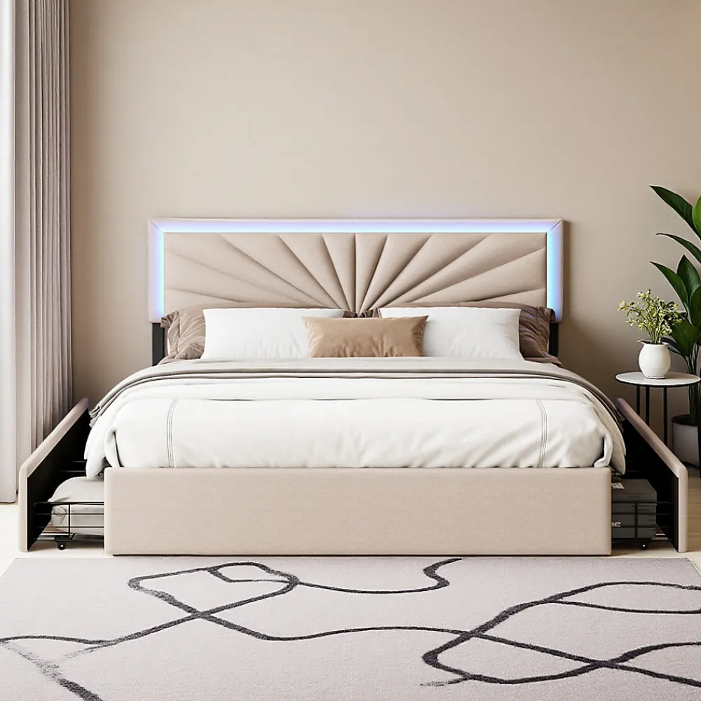 Lit double 160x200 cm en lin avec LED, sommier à lattes robuste, 4 tiroirs intégrés, design moderne pour 2 personnes>ProximaX Online