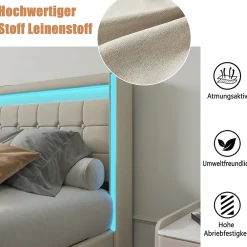 Lit double 140x190 cm en lin avec LED, USB, 4 tiroirs de rangement et sommier à lattes, facile à assembler, sans matelas, Beige><noscript><img width=