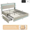 ProximaX Lit double 140x190 cm en lin avec LED, USB, 4 tiroirs de rangement et sommier à lattes, facile à assembler, sans matelas, Beige* Lit Coffre