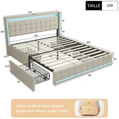 ProximaX Lit double 140x190 cm en lin avec LED, USB, 4 tiroirs de rangement et sommier à lattes, facile à assembler, sans matelas, Beige* Lit Coffre