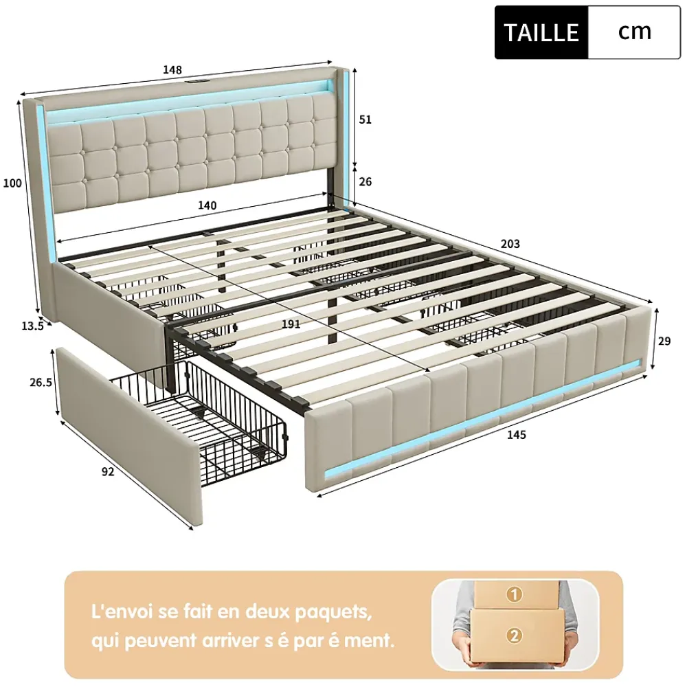 ProximaX Lit double 140x190 cm en lin avec LED, USB, 4 tiroirs de rangement et sommier à lattes, facile à assembler, sans matelas, Beige* Lit Coffre