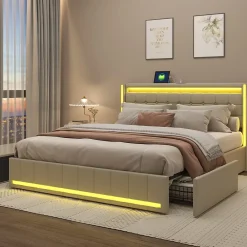 ProximaX Lit double 140x190 cm en lin avec LED, USB, 4 tiroirs de rangement et sommier à lattes, facile à assembler, sans matelas, Beige* Lit Coffre