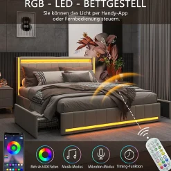 ProximaX Lit double 140x190 cm en lin avec LED, USB, 4 tiroirs de rangement et sommier à lattes, facile à assembler, sans matelas, Beige* Lit Coffre