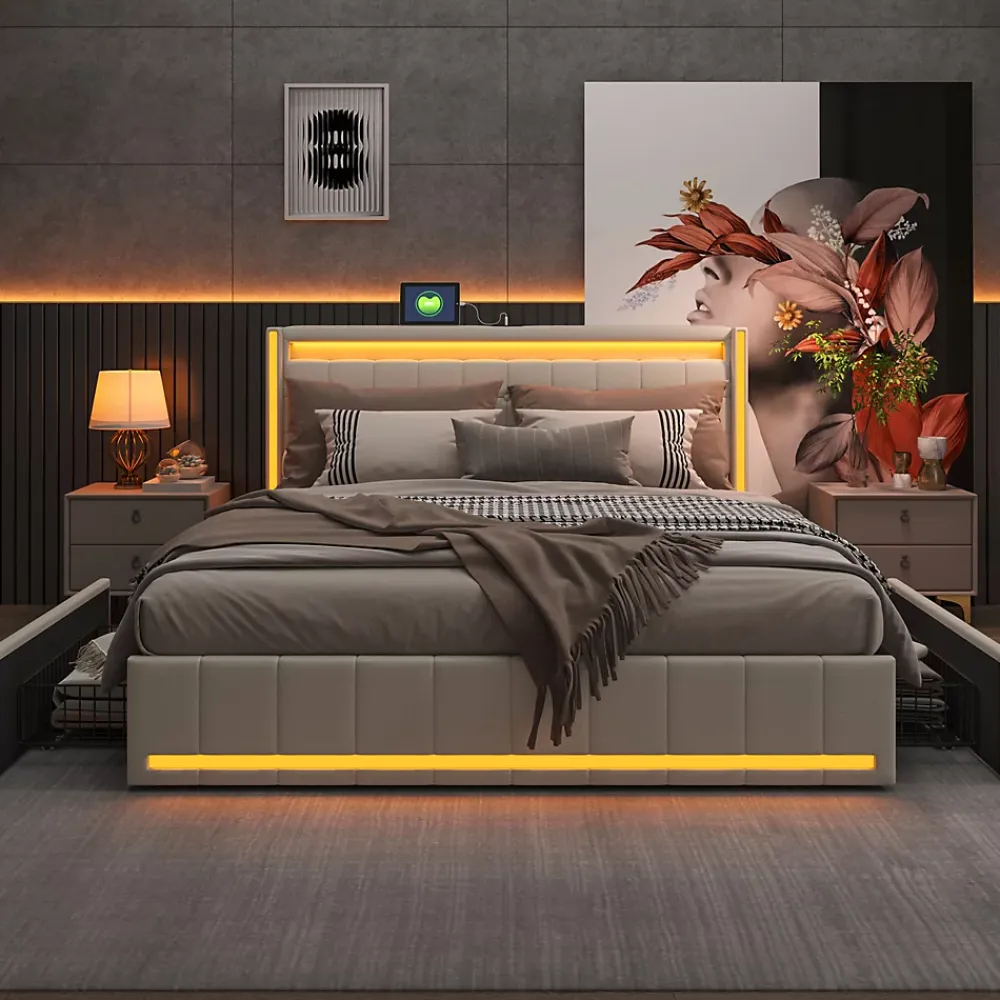 ProximaX Lit double 140x190 cm en lin avec LED, USB, 4 tiroirs de rangement et sommier à lattes, facile à assembler, sans matelas, Beige* Lit Coffre