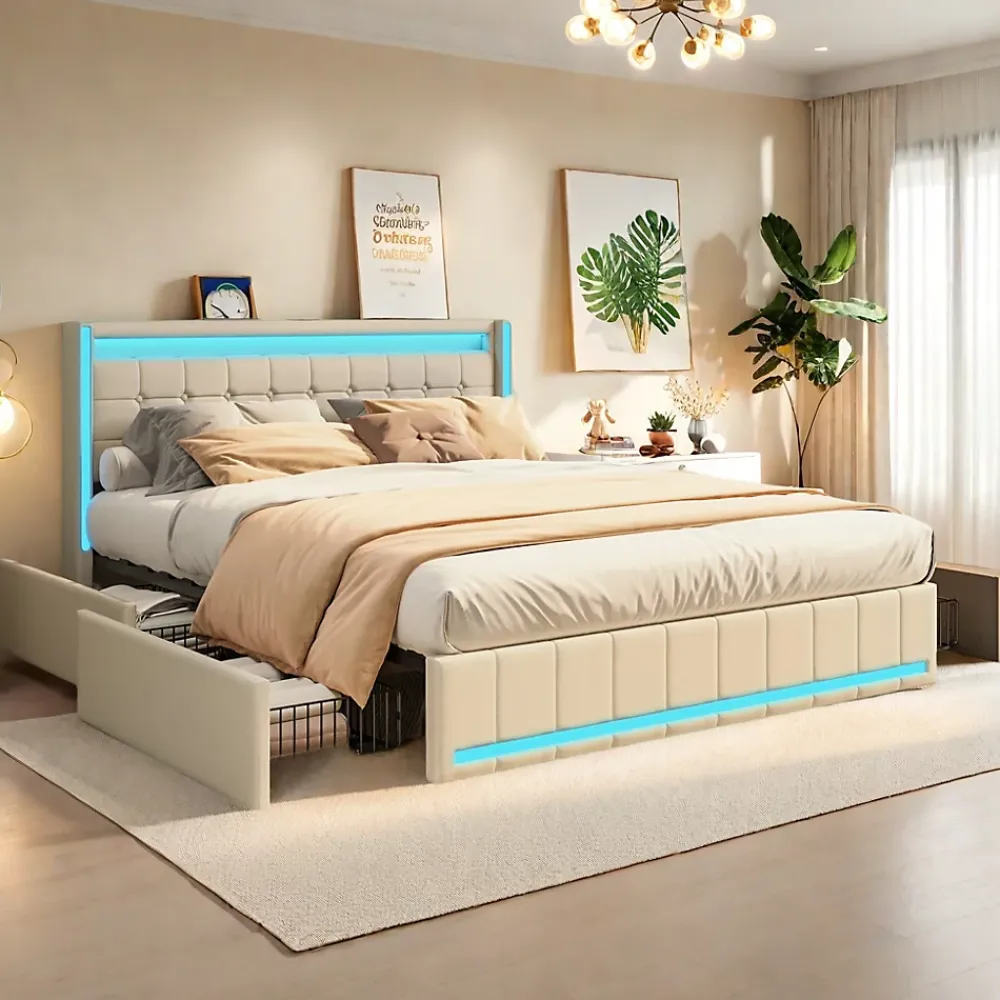 ProximaX Lit double 140x190 cm en lin avec LED, USB, 4 tiroirs de rangement et sommier à lattes, facile à assembler, sans matelas, Beige* Lit Coffre