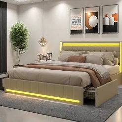 ProximaX Lit double 140x190 cm en lin avec LED, USB, 4 tiroirs de rangement et sommier à lattes, facile à assembler, sans matelas, Beige* Lit Coffre