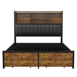 Lit double 140x200 cm en lin beige avec tête de lit LED, ports USB et Type-C, sommier à lattes et rangement intégré><noscript><img width=