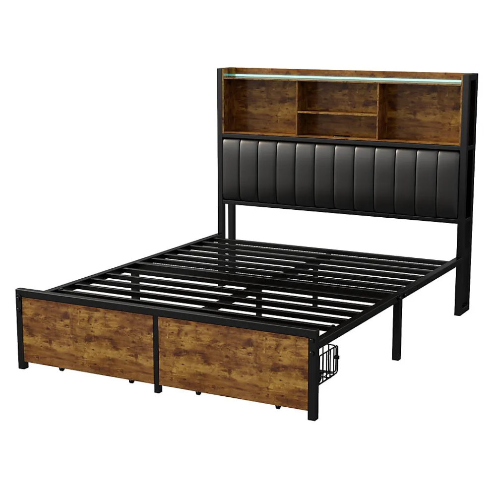 Lit double 140x200 cm en lin beige avec tête de lit LED, ports USB et Type-C, sommier à lattes et rangement intégré>Generique New