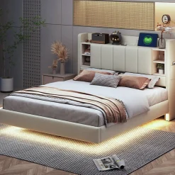Lit double 140x200 cm en lin beige avec cadre métal, tête réversible avec étagères, port USB et bande lumineuse>ProximaX
