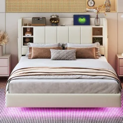 Lit double 140x200 cm en lin beige avec cadre métal, tête réversible avec étagères, port USB et bande lumineuse>ProximaX