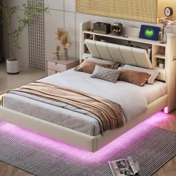 Lit double 140x200 cm en lin beige avec cadre métal, tête réversible avec étagères, port USB et bande lumineuse><noscript><img width=