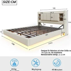 Lit double 140x200 cm en lin beige avec cadre métal, tête réversible avec étagères, port USB et bande lumineuse><noscript><img width=