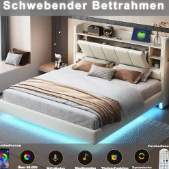Lit double 140x200 cm en lin beige avec cadre métal, tête réversible avec étagères, port USB et bande lumineuse><noscript><img width=