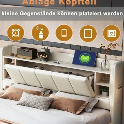 Lit double 140x200 cm en lin beige avec cadre métal, tête réversible avec étagères, port USB et bande lumineuse><noscript><img width=
