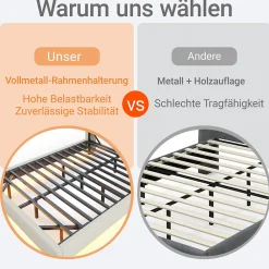 Lit double 140x200 cm en lin beige avec cadre métal, tête réversible avec étagères, port USB et bande lumineuse><noscript><img width=