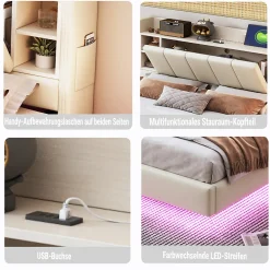 Lit double 140x200 cm en lin beige avec cadre métal, tête réversible avec étagères, port USB et bande lumineuse><noscript><img width=
