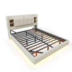 Lit double 140x200 cm en lin beige avec cadre métal, tête réversible avec étagères, port USB et bande lumineuse><noscript><img width=